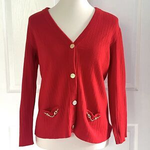 Vintage Saks Fifth Avenue 100% Wool Red Ribbed Cardigan Sweater Womens sz M